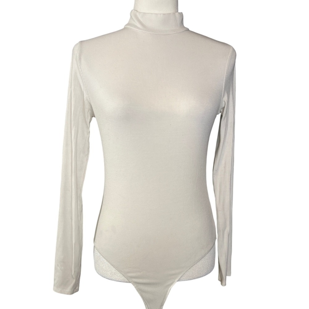 Self‎ E Ribbed Mock Neck Long Sleeve Bodysuit White Women's Size L